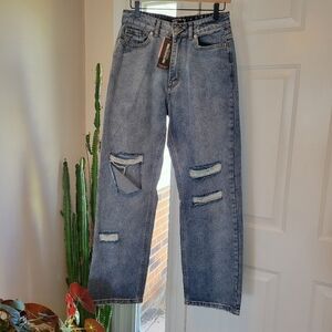 Pretty Little Thing Distressed‎ Wide Leg Boyfriend Jeans, Size 8 100% Cotton